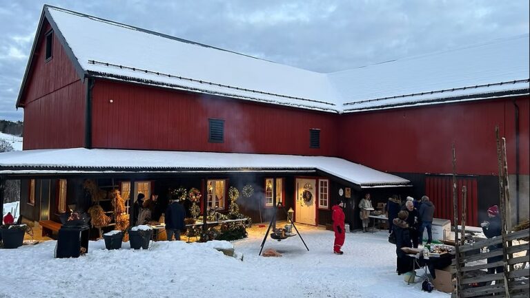Onøyen gård med julemarked i tunet, snø, folk, bål og julestemning